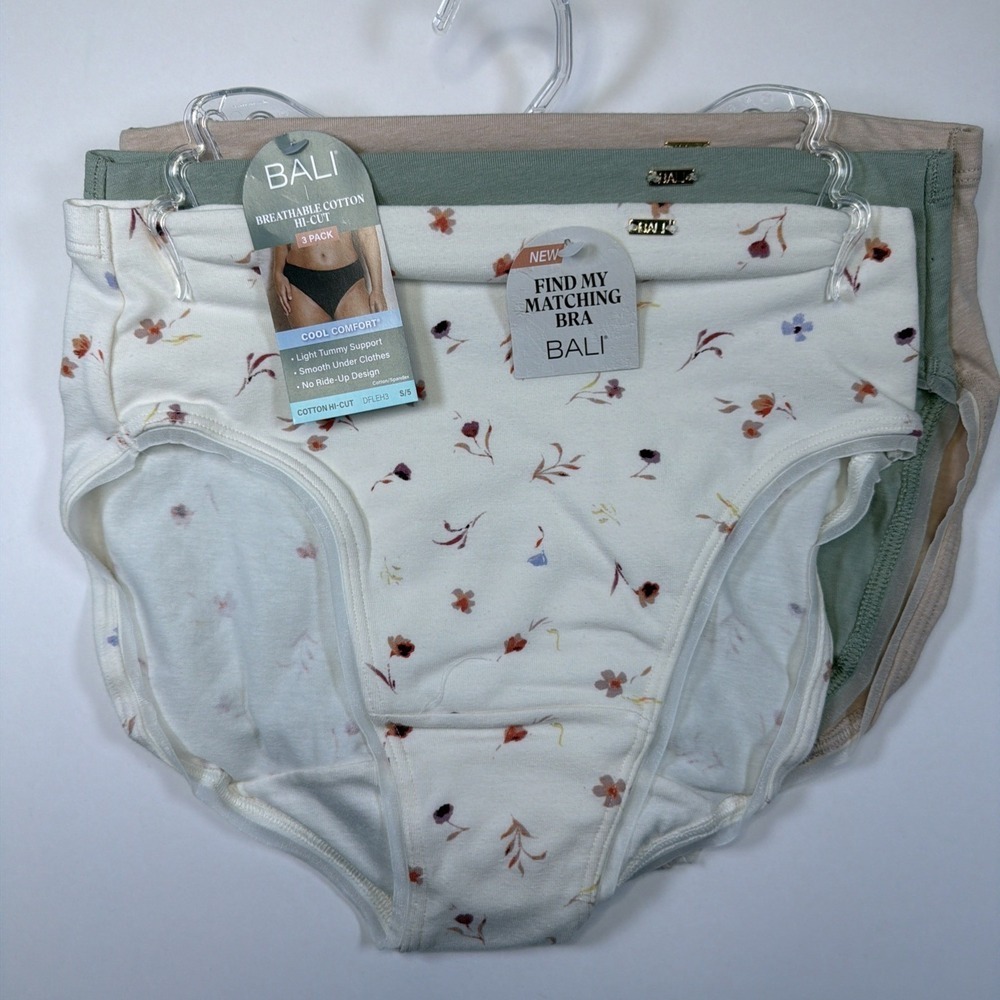 Bali Breathable Cotton Hi-Cut Panty Wicking Floral Multi Tan 3 Pack DFLEH3 S/5